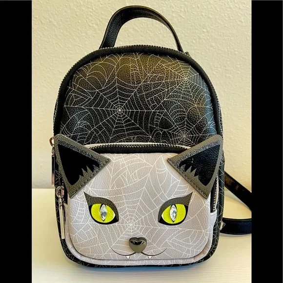 Betsey Johnson Black Cat Backpack Purse with Glasses Meow Sparkle Iridescent Betsey Johnson Meow In The Dark Glow Cat Eyes Day Backpack  main image 4